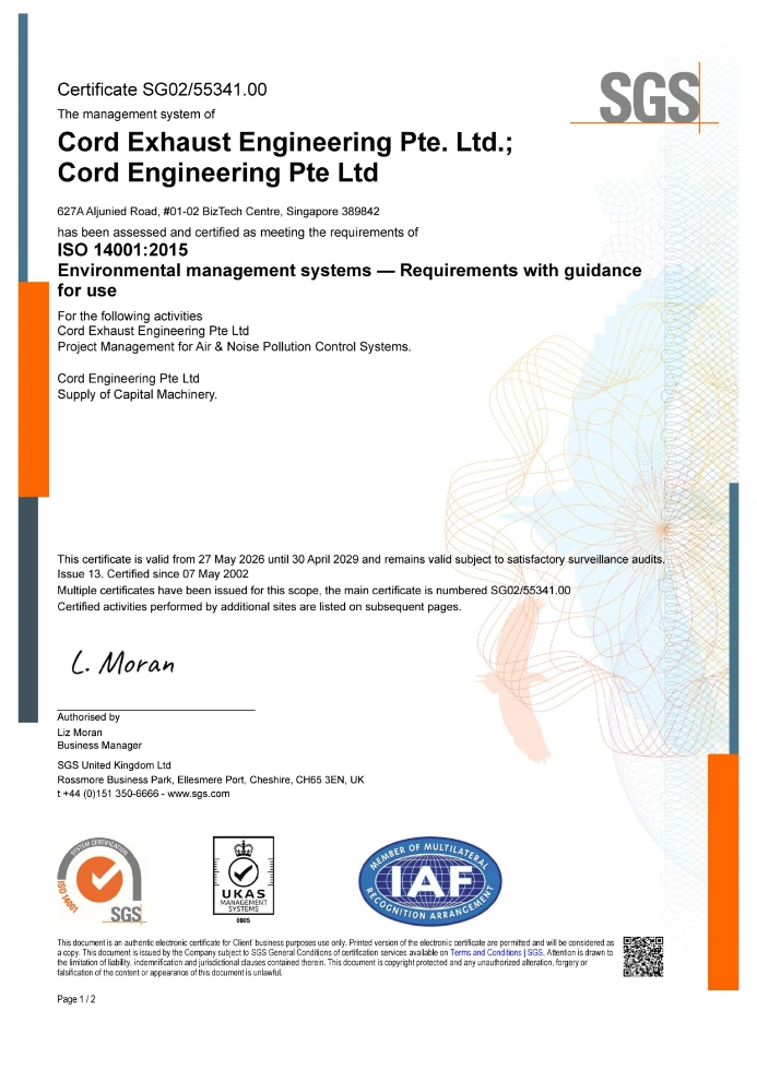 ISO 14001:2015 Environmental Management Systems certificate, page 1 of 2