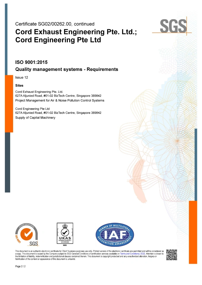 ISO 9001:2015 Quality Management Systems certificate, page 2 of 2